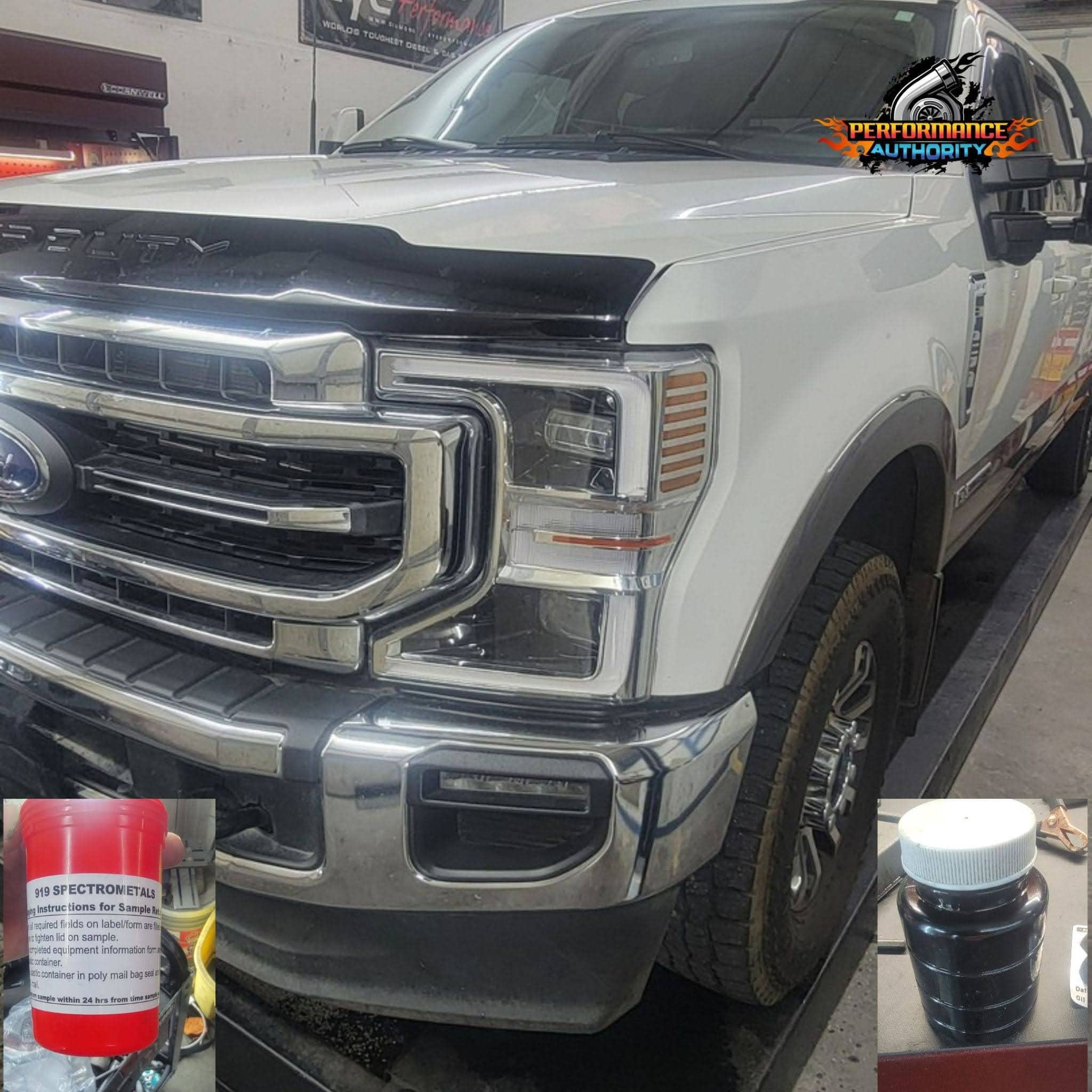 White Ford truck with performance upgrades at Performance Authority in Bend, Oregon.
