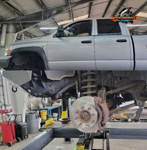 Silver pickup truck undergoing brake repair at Performance Authority.