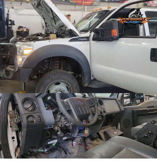 Inside and outside view of vehicle repair at Performance Authority.