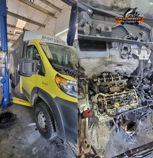 Yellow service van with engine repair in progress at Performance Authority.