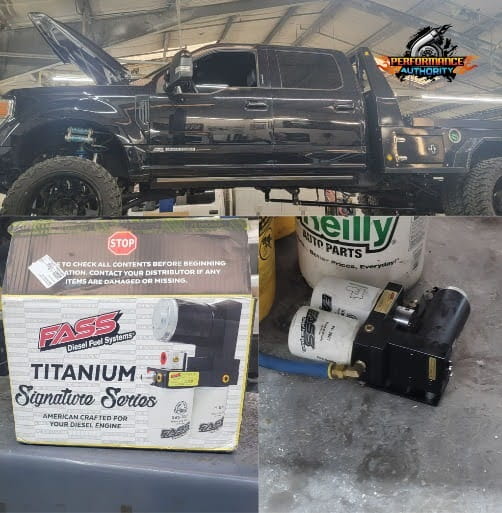 Diesel fuel system components including FASS Titanium Signature Series pump and filters.