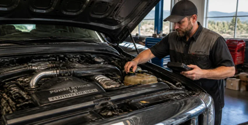 Technician inspecting car engine at Performance Authority.