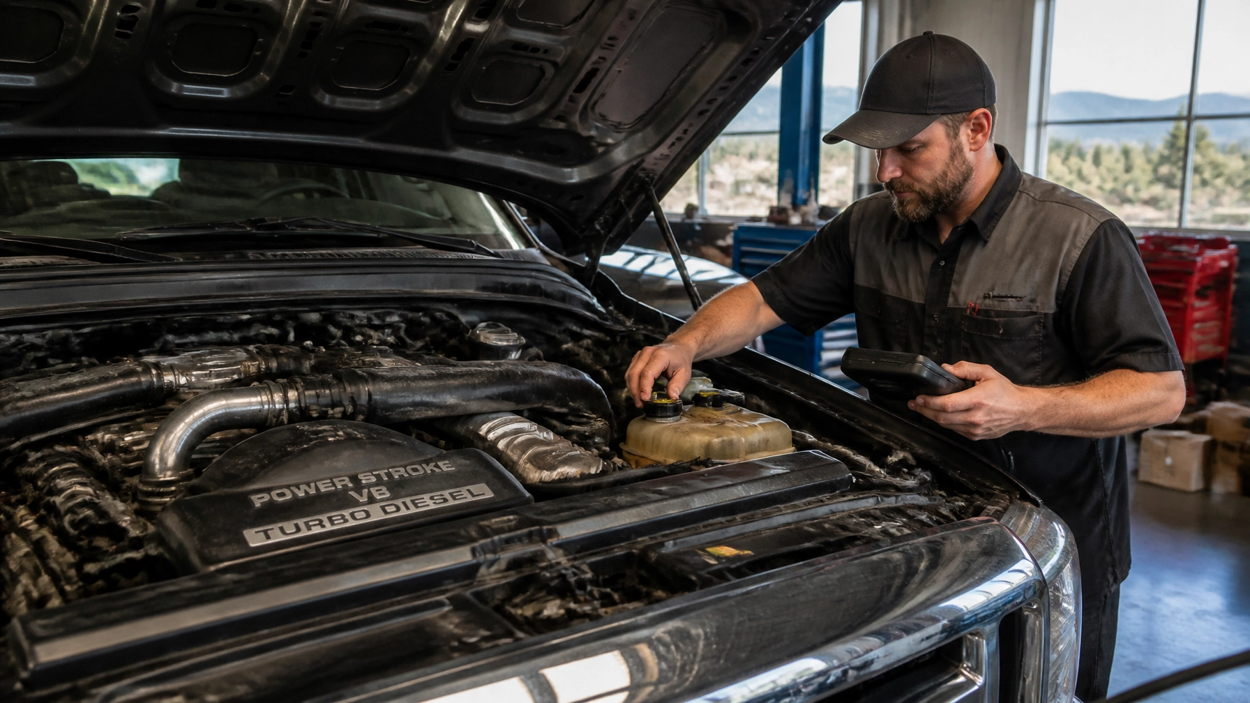 Technician inspecting car engine at Performance Authority.