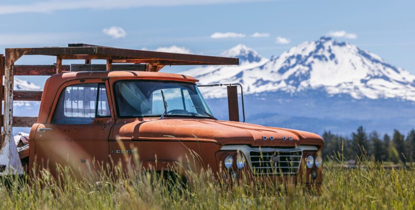 Old rusted Ford truck in a field with snow-capped mountains in the background.