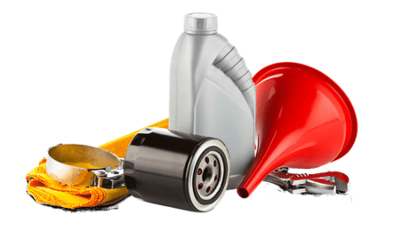 Automotive repair tools including oil, filters, and warning horn for vehicle maintenance.