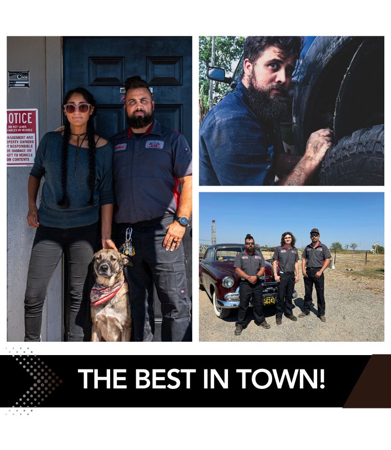 Auto repair technicians with a dog at Phantom Auto Repair, showcasing professional vehicle maintenan.