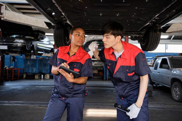 mechanics checking the undercarriage of a car