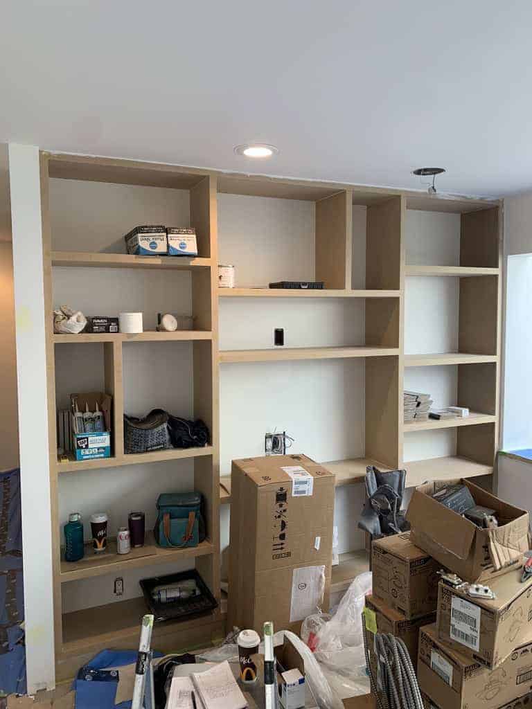 Unfinished shelves with construction materials