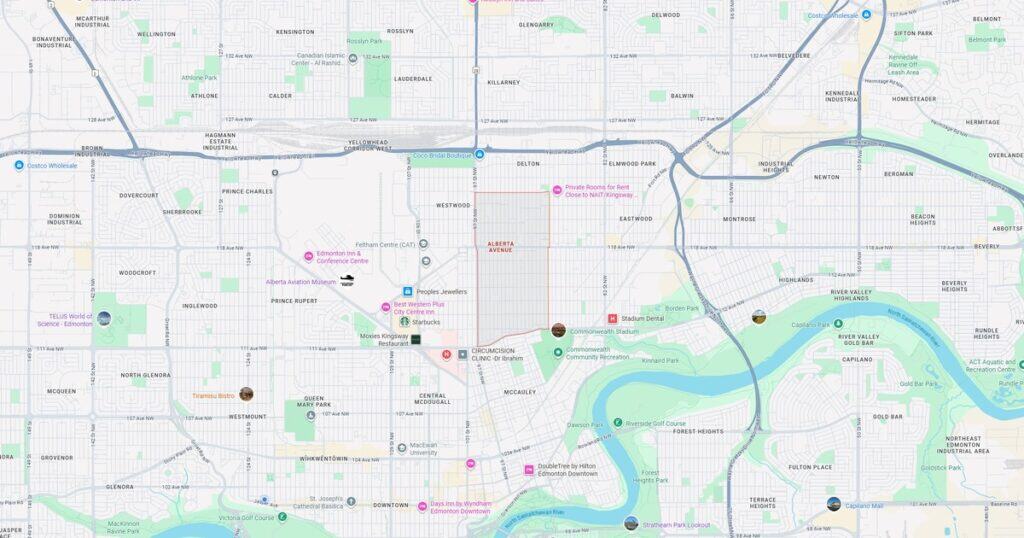 Map of Edmonton neighborhoods and features