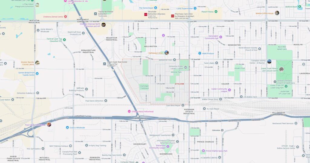 Detailed map of Edmonton showing landmarks, streets, parks, and local businesses. Includes popular destinations, transit routes, and neighborhood highlights for visitors and residents.