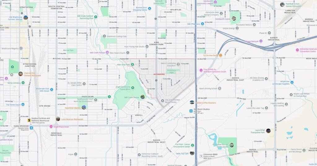 Detailed map of Edmonton showing parks, streets, landmarks, and recreational areas.