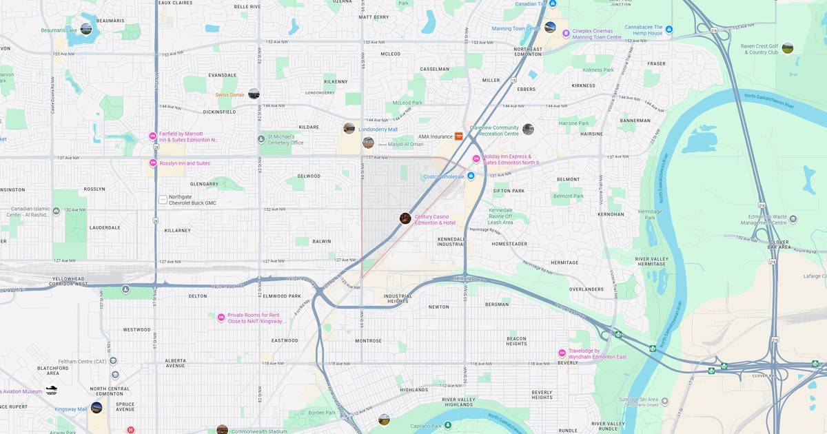 Edmonton city map showing neighborhoods, parks, hotels, and attractions across central and north Edmonton. Key locations include Century Casino, Kingsway Mall, and River Valley parks.