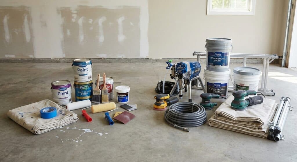 Interior painting tools including paint cans, brushes, rollers, and sprayers on concrete floor.