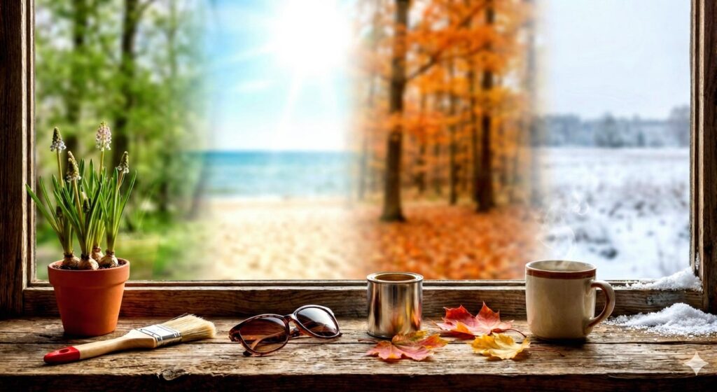 A cozy windowsill with a potted plant, sunglasses, a paintbrush, a mug of coffee, and autumn leaves, showcasing the transition of seasons with a view of lush greenery, fall foliage, and snowy landscape outside.