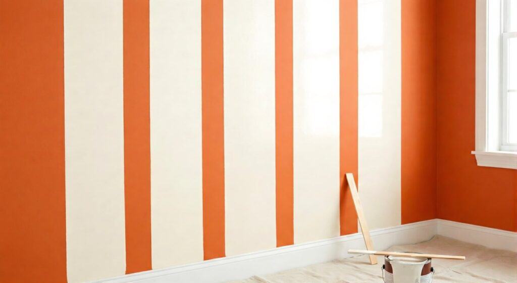 Colorful orange and white striped wall in a modern interior, with painting tools and a bucket on the floor, indicating ongoing home decor or renovation project.