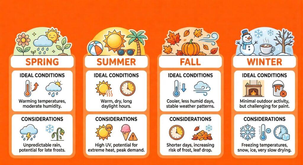 Bright, colorful illustration highlighting weather patterns and outdoor considerations for each season.