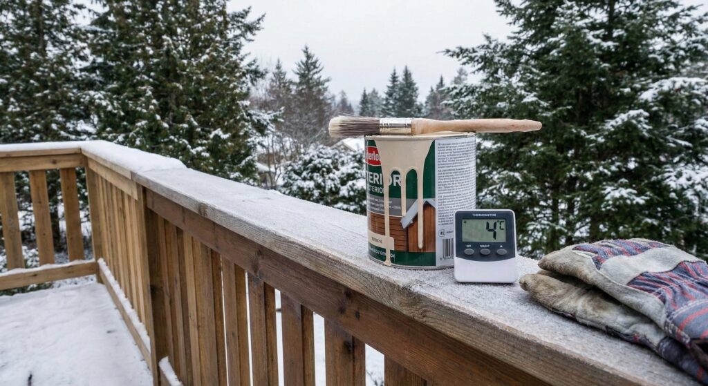 An outdoor winter environment showing chilly temperatures, winter gear, and snow-covered landscape.