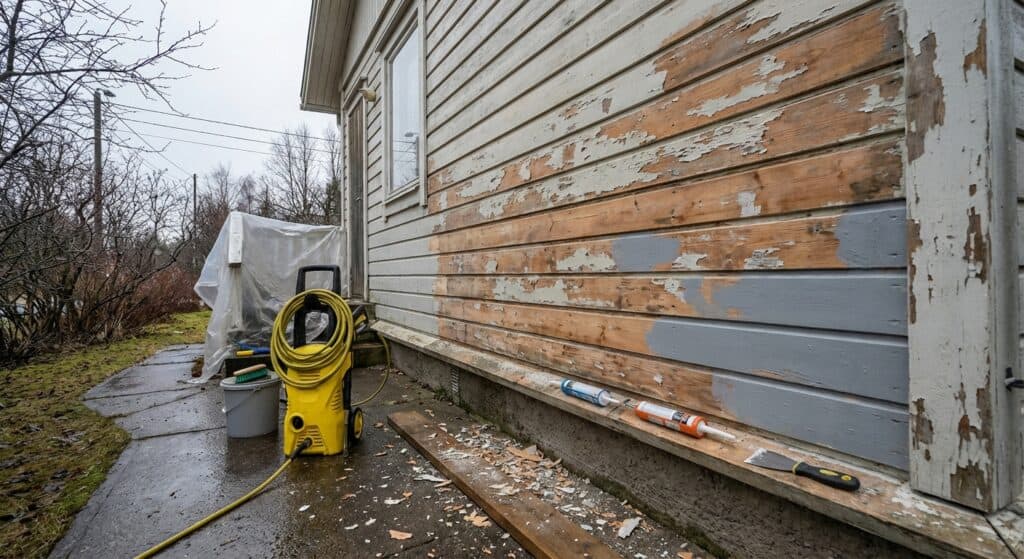 A DIY home improvement project showing sanding and repainting weathered house siding on a rainy day. Tools like a pressure washer, putty, and paint roller are visible for home repair and renovation.