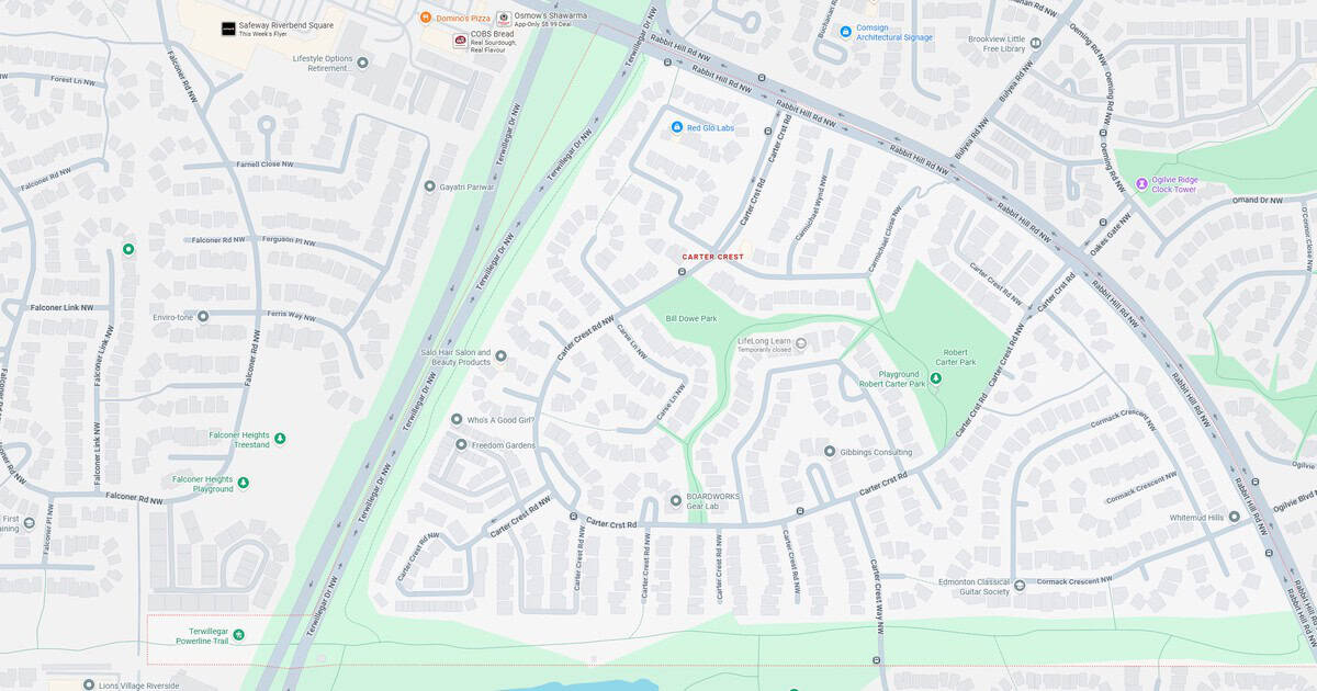 A detailed map of Carter Crest neighborhood highlighting parks, streets, and local landmarks in the area.