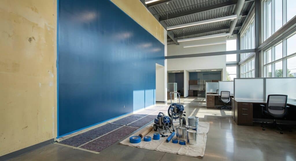 Interior office space with painting equipment and supplies, featuring bright natural light and modern decor.