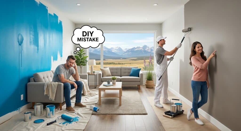 Woman painting wall gray with husband and wife discussing.