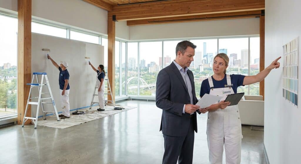 Bright, airy interior with large windows overlooking city skyline, two workers painting wall, manager and worker discussing paint samples.