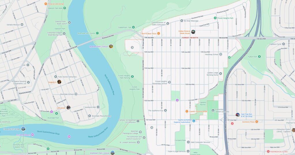 Bright, detailed map highlighting Rowland Park and surrounding areas in Edmonton, including key landmarks like Forest Heights, North Saskatchewan River, and local businesses.