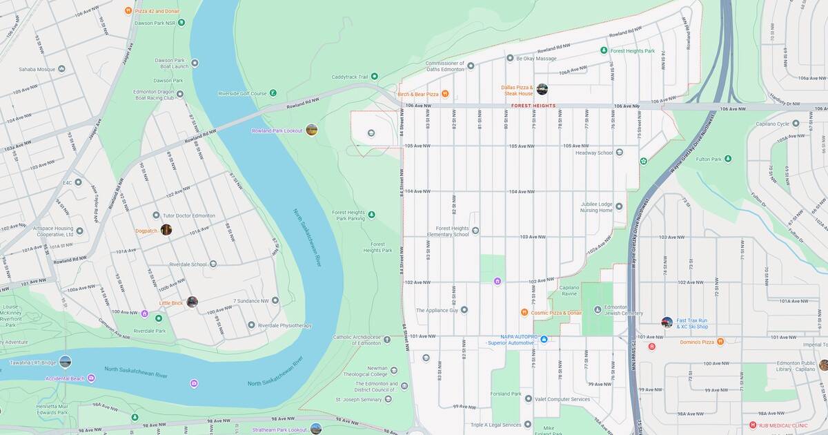 Bright, detailed map highlighting Rowland Park and surrounding areas in Edmonton, including key landmarks like Forest Heights, North Saskatchewan River, and local businesses.