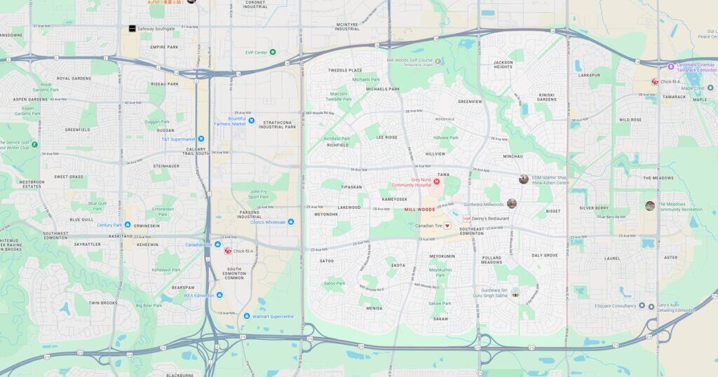 Map of central Edmonton showing neighborhoods and landmarks.