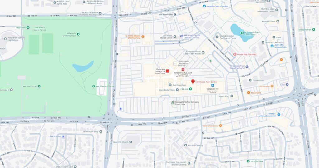 A detailed map of Mill Woods Town Centre, Edmonton, featuring retail stores, parking areas, and surrounding landmarks for easy navigation.