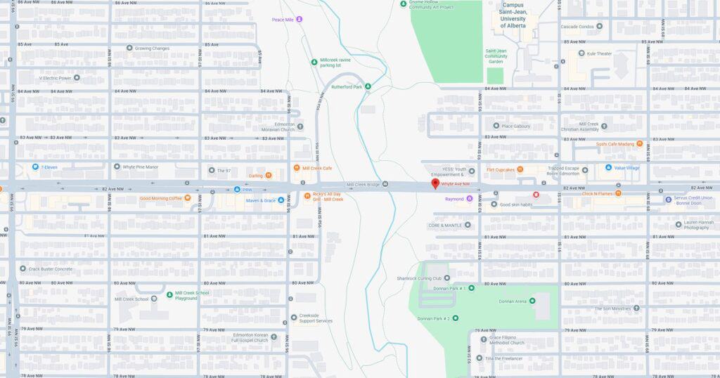 Detailed view of Mill Creek area with landmarks and streets.