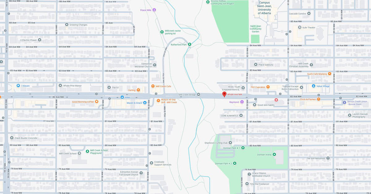 Detailed view of Mill Creek area with landmarks and streets.