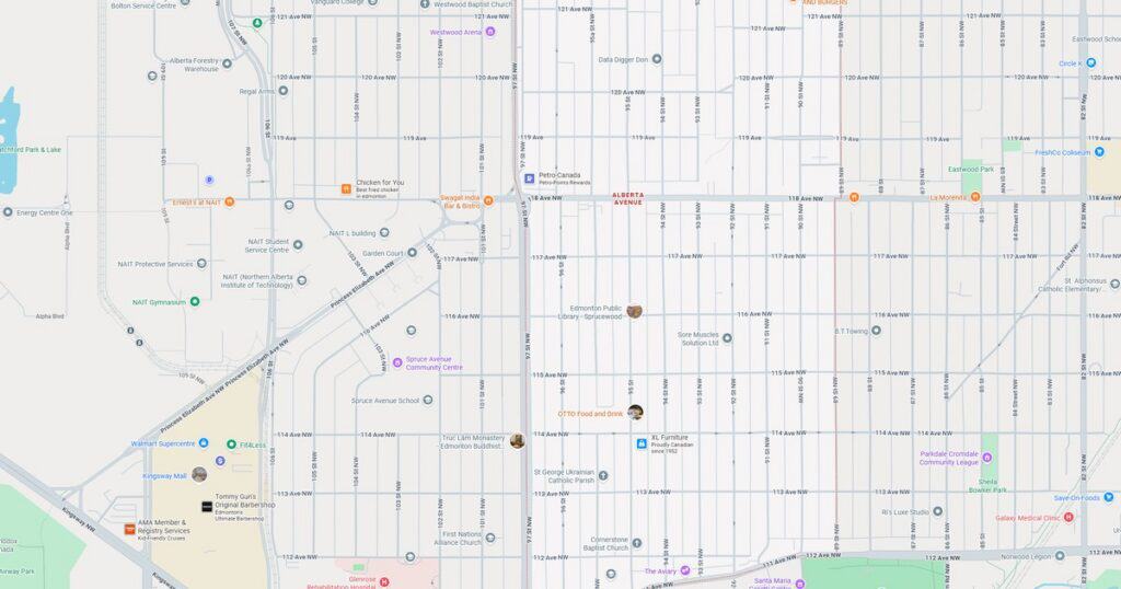 A detailed map of city streets and landmarks, highlighting transportation routes and key locations.