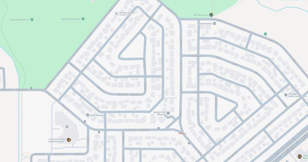 A detailed map of a suburban neighborhood showing streets, houses, and green spaces.