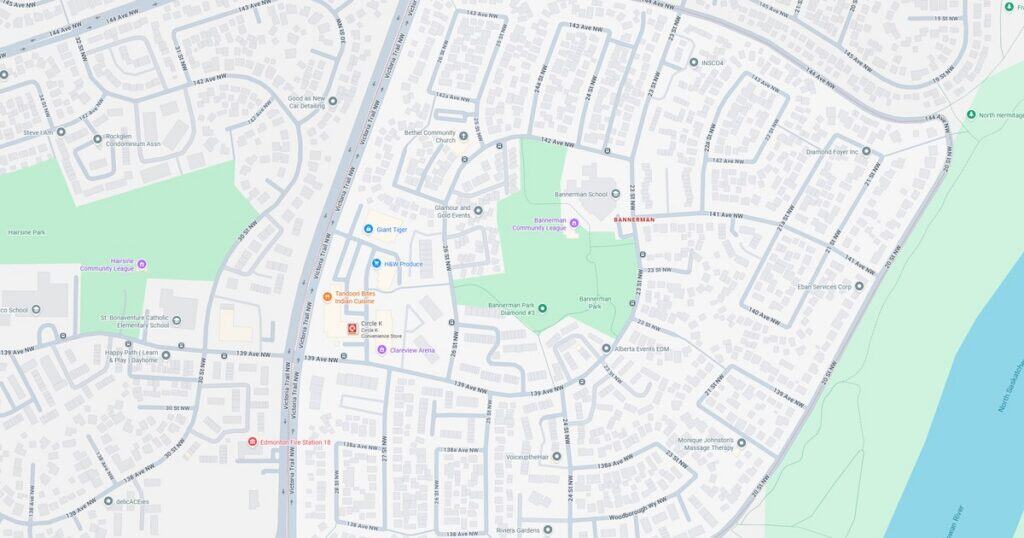 Detailed map showing streets, green spaces, and water features in a suburban area.