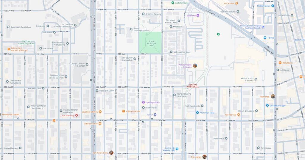 Map of an urban area showing streets, parks, and points of interest.