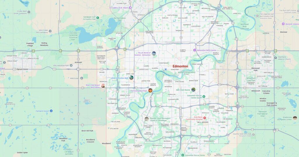 Map of Edmonton city and surrounding areas in Alberta, Canada.