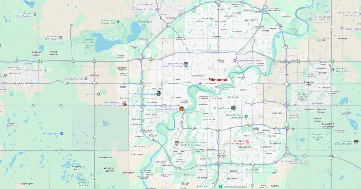 Map of Edmonton city and surrounding areas in Alberta, Canada.
