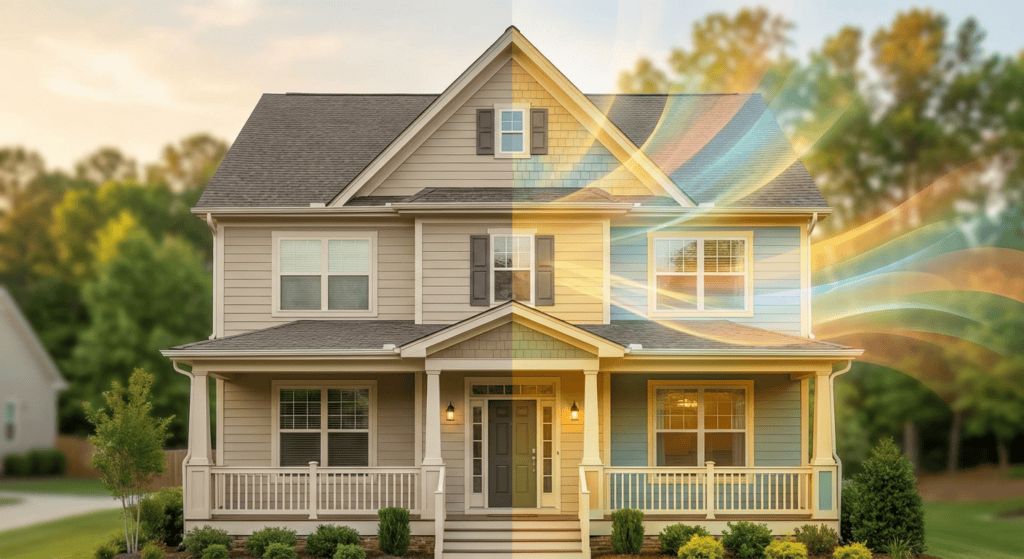 Bright, eco-friendly house featuring solar panels, a spacious porch, and large windows set in a green landscape with trees in the background.