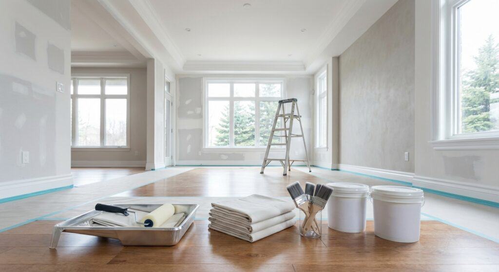 Bright, spacious room with large windows, fresh paint, and ongoing decorating work.