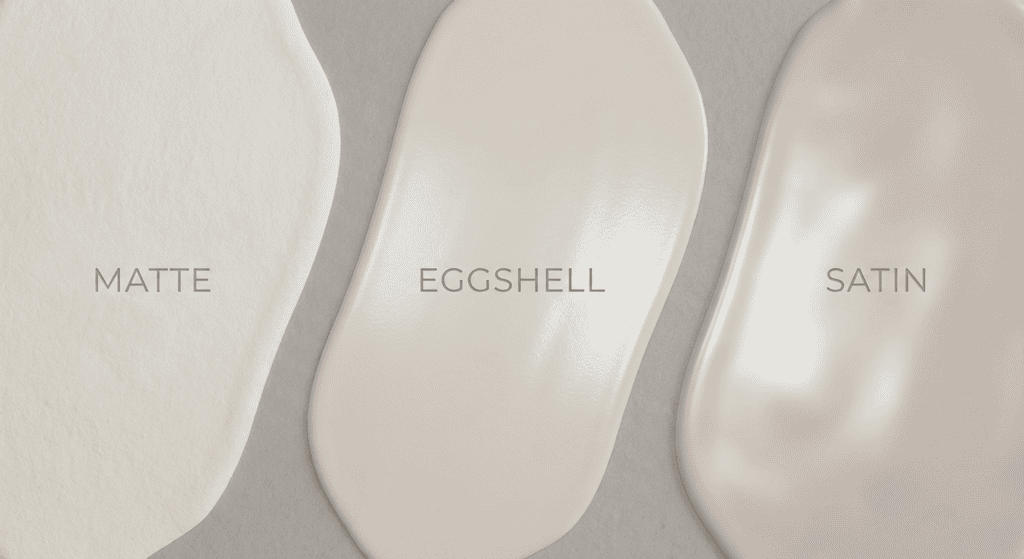 Matte, eggshell, and satin paint textures shown side by side for interior design.