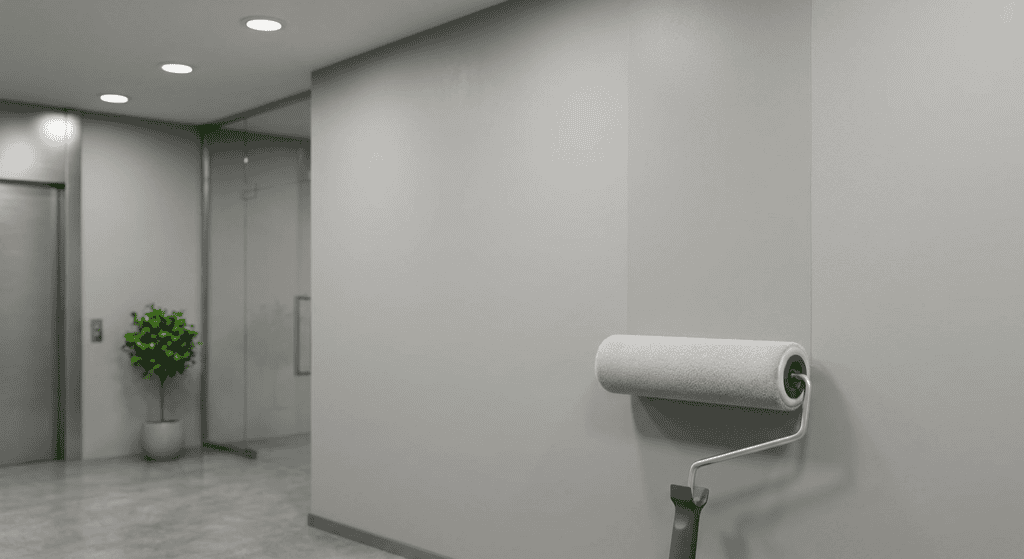 Interior of a modern office hallway with a clean white wall and a paint roller in the foreground, highlighting renovation or painting process.