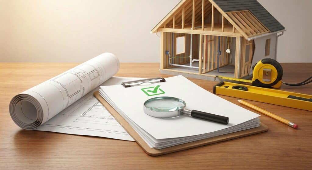 Building house plans and tools on a wooden table.