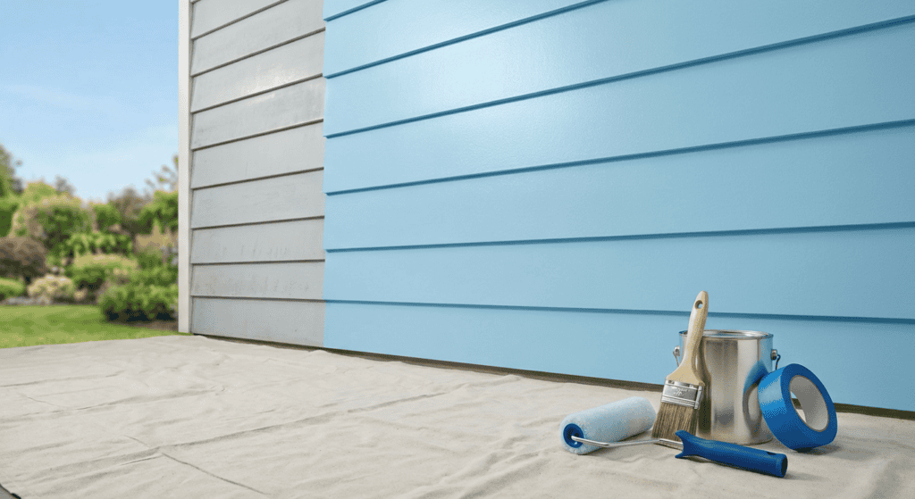 A paint roller, paintbrush, painter's tape, and paint can are placed on a drop cloth outside a house with blue siding.