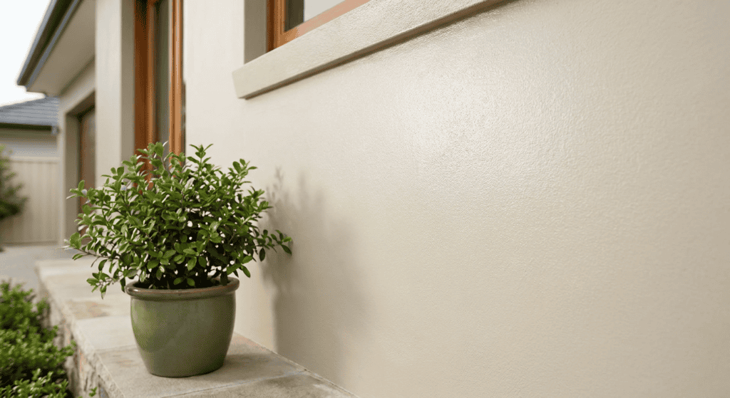 A potted green plant placed on a windowsill outside a modern house with a beige wall.