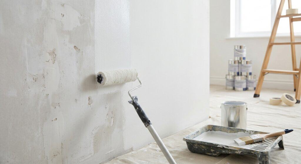 Paint roller with white paint on a wall, indicating ongoing interior painting work.