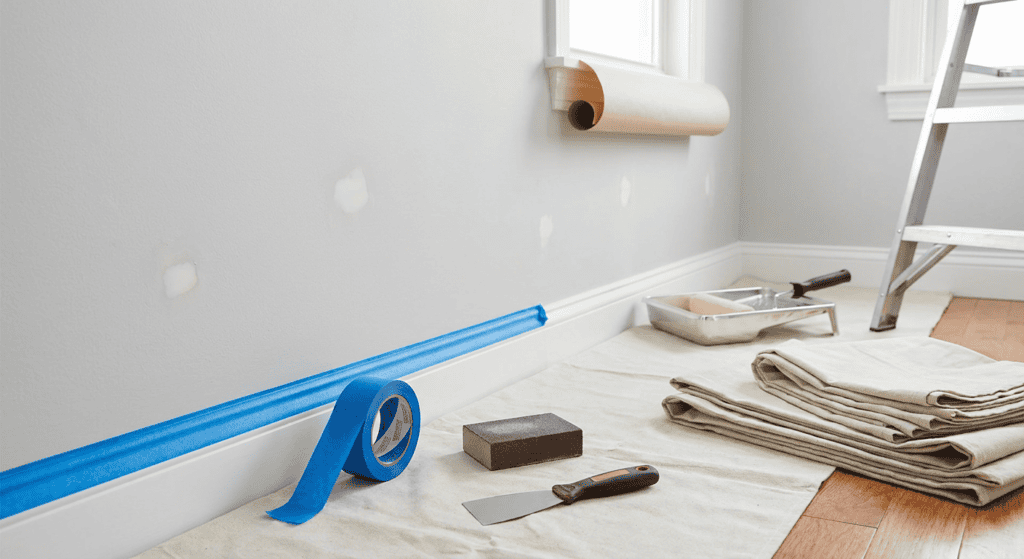 Interior wall renovation tools including painter's tape, putty knife, and drywall patch on a light-colored wall with baseboard molding.