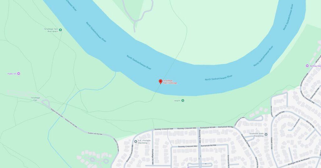 A detailed map showing Riverbend Park along the Potomac River in Maryland, highlighting green park areas, water bodies, and surrounding residential neighborhoods.