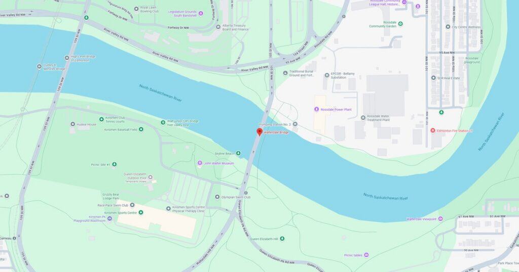 Detailed map of Riverfront Park highlighting the pedestrian bridge and surrounding pathways.