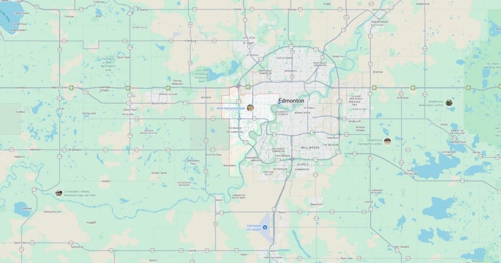 Map of Edmonton, Alberta, showing city layout, major roads, and nearby lakes for geographic context.